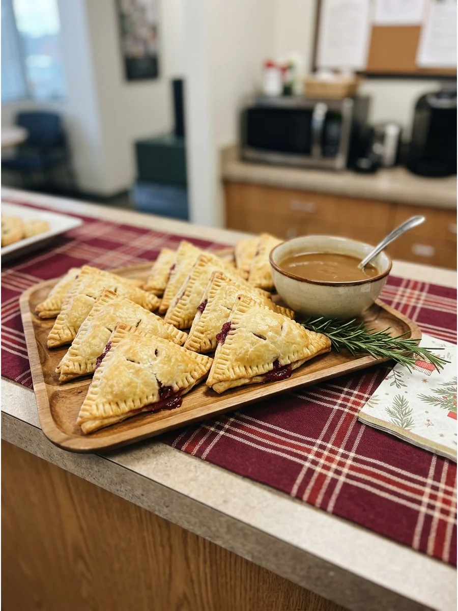 Turkey and stuffing hand pies served on a silver tray with gravy.