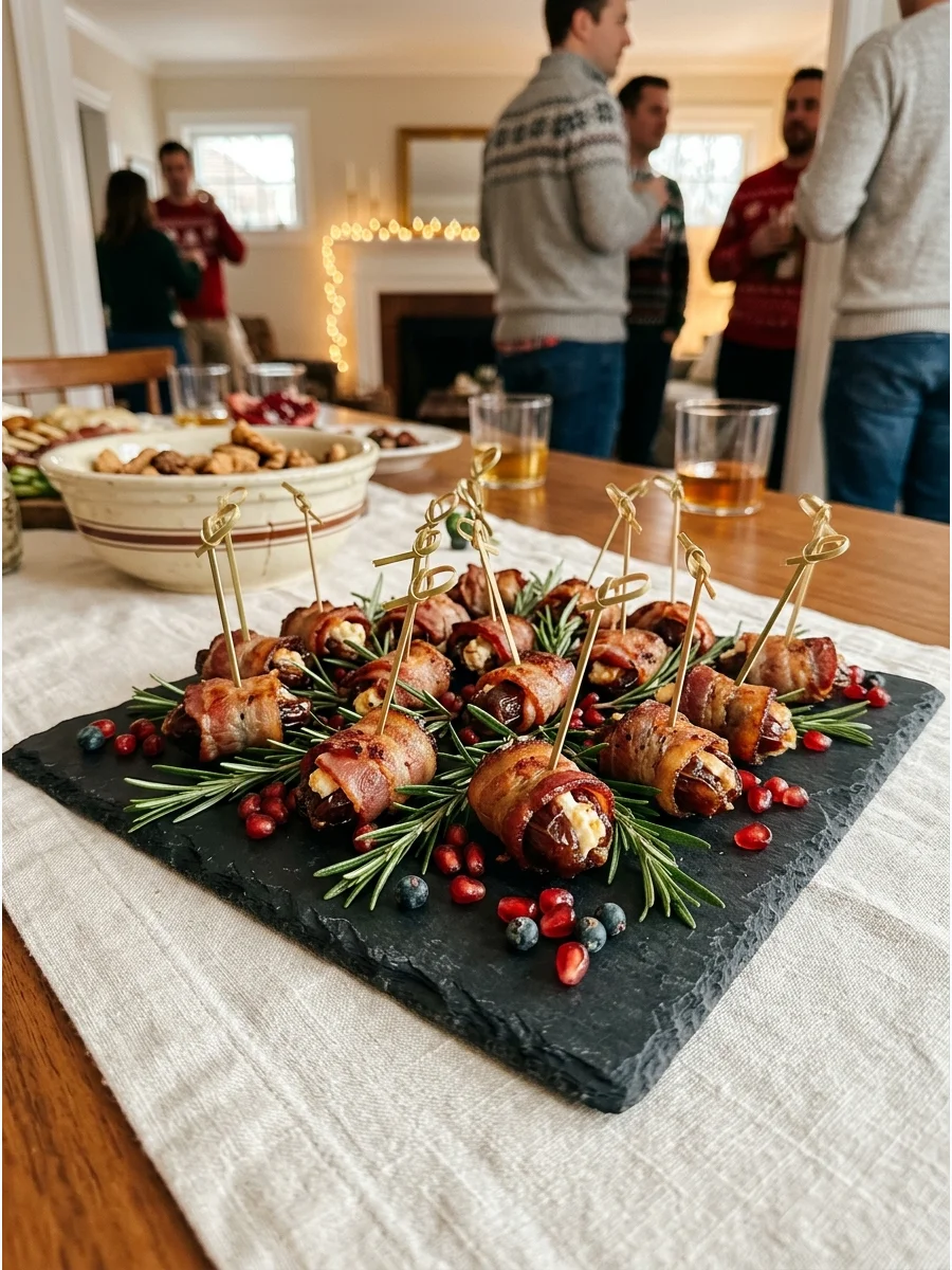 Bacon-wrapped dates stuffed with cheese and baked until crispy on a dark serving board.