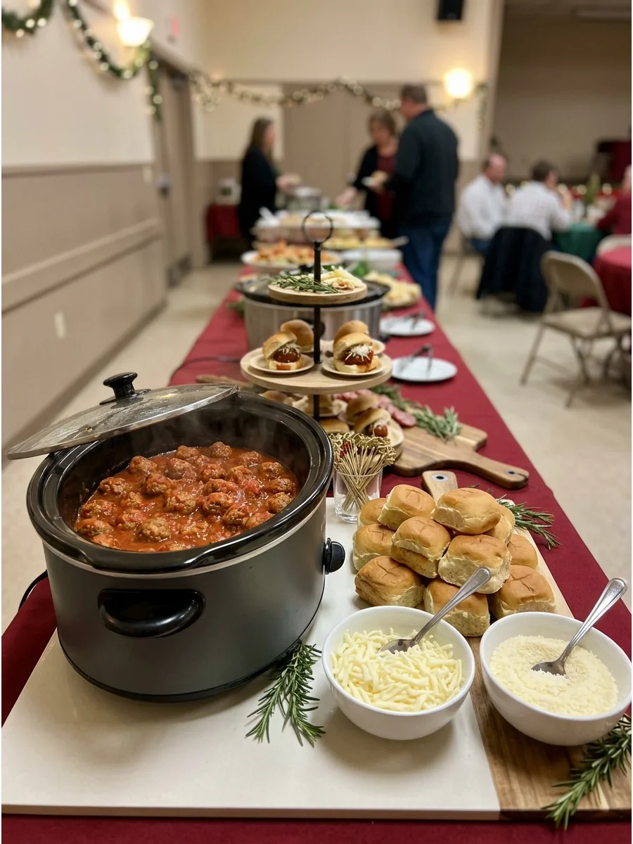 A meatball sub station with a slow cooker and sliced sandwich rolls.