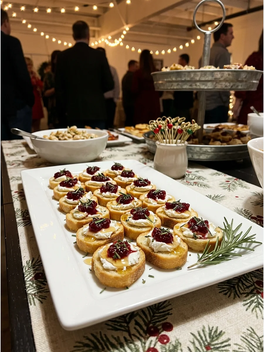 Crostini topped with white goat cheese and red cranberry relish on a rustic wooden board.