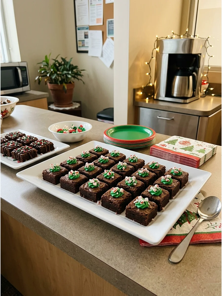 Small brownie bites with festive decorations on a white plate.