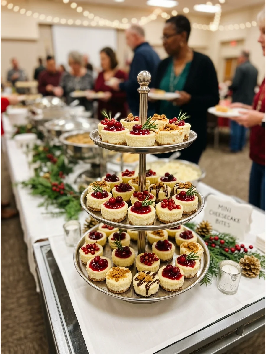 Individual mini cheesecakes topped with red cranberry sauce.