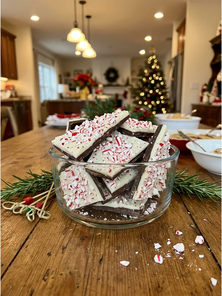Pieces of peppermint bark in a glass serving bowl.