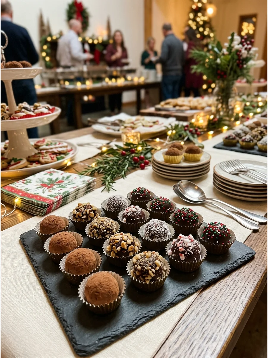 Chocolate truffles in gold liners arranged on a black slate tray.