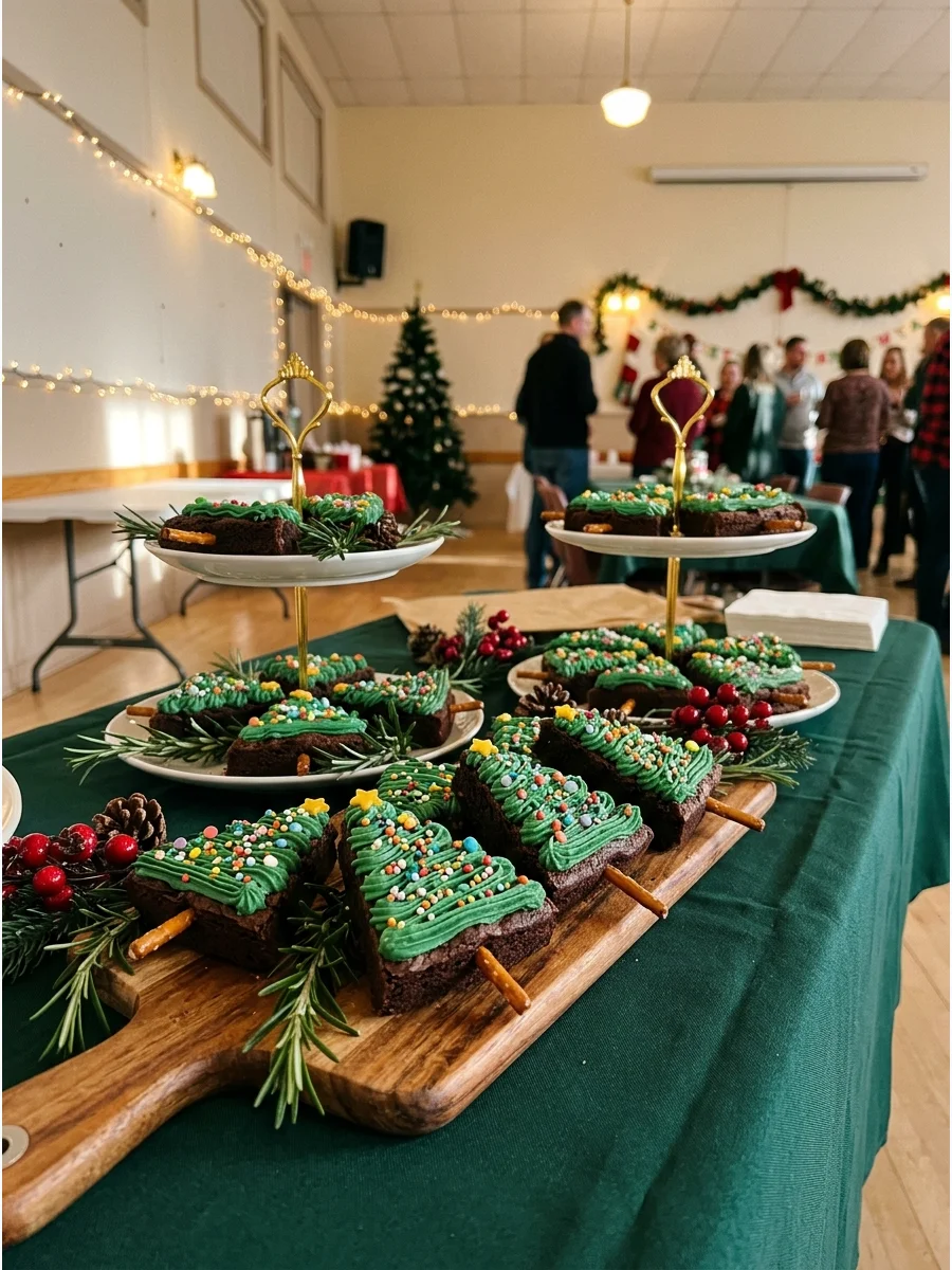 Brownies cut into triangle shapes and decorated like Christmas trees.