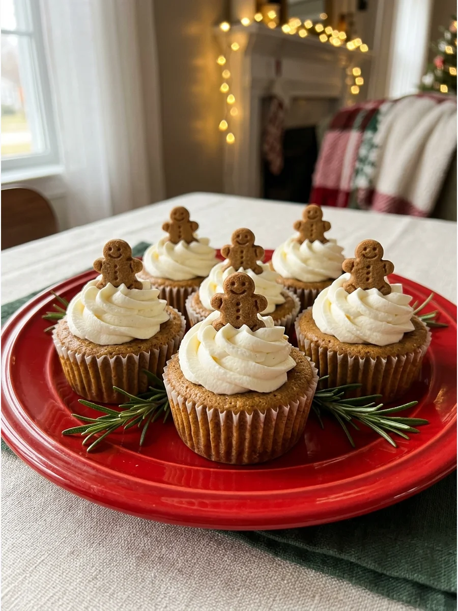 Mini gingerbread cheesecakes with whipped cream and tiny cookies.