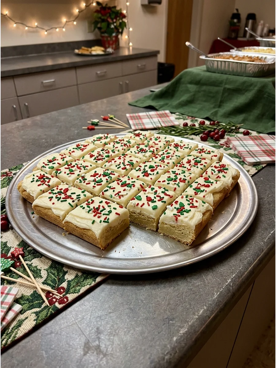 Frosted sugar cookie bars cut into squares with holiday sprinkles.