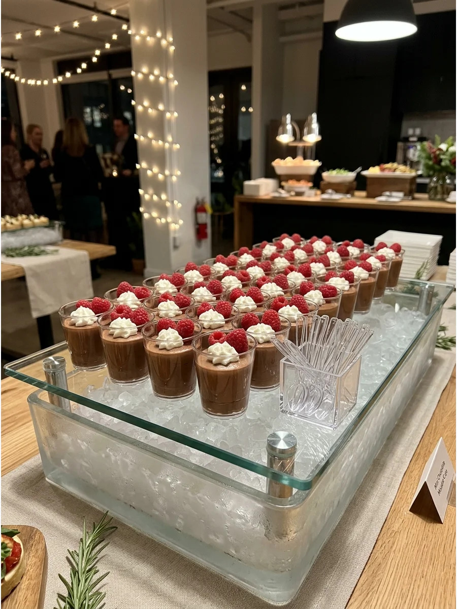Individual chocolate mousse cups with fresh raspberry garnishes.