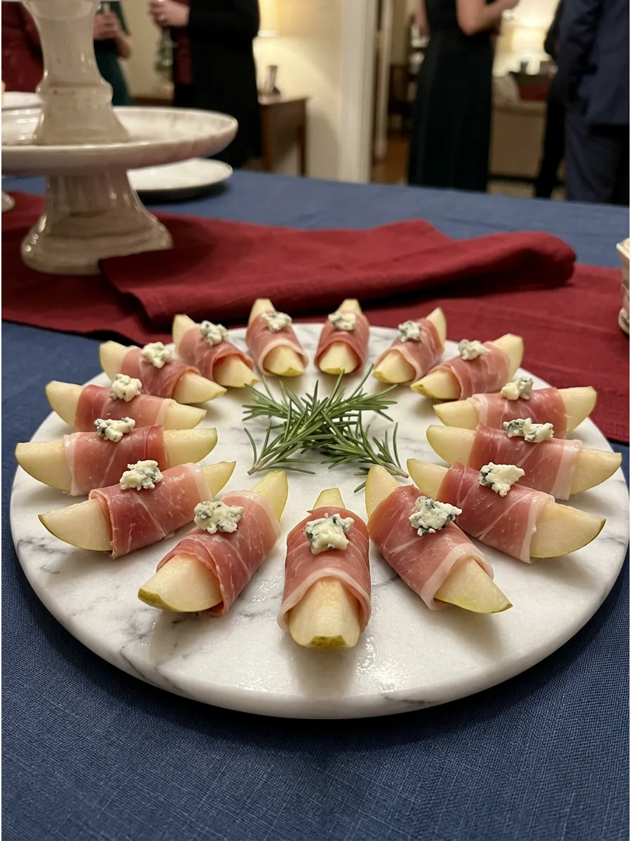 Fresh pear wedges wrapped in prosciutto ham and served as a cold appetizer.