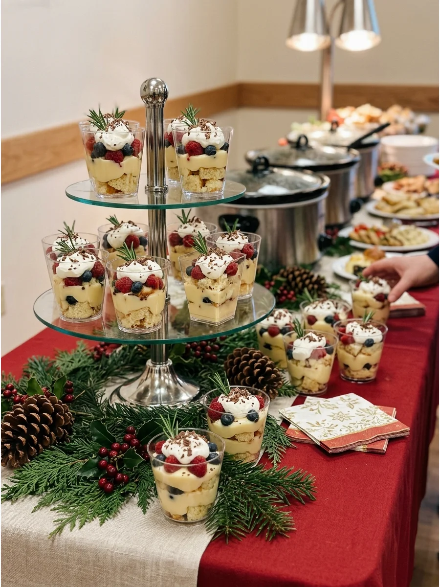 Festive layered pudding cups with red berries and whipped cream.