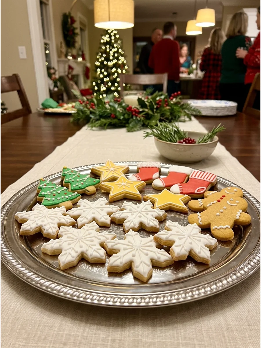 A silver platter holding white iced snowflake sugar cookies.