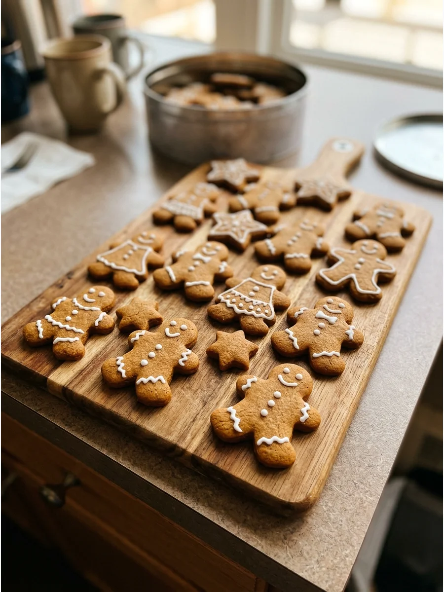 A wooden board filled with decorated gingerbread men cookies.