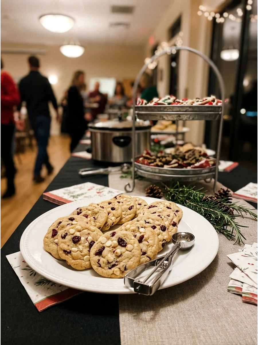 A white plate of cookies featuring white chocolate chips and dried cranberries.