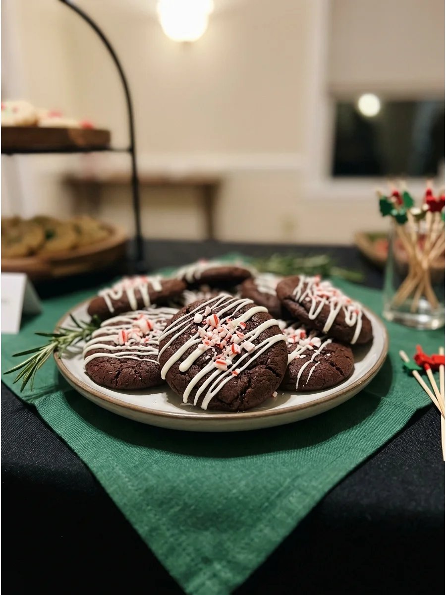 Chocolate cookies topped with white chocolate drizzle and crushed candy canes.