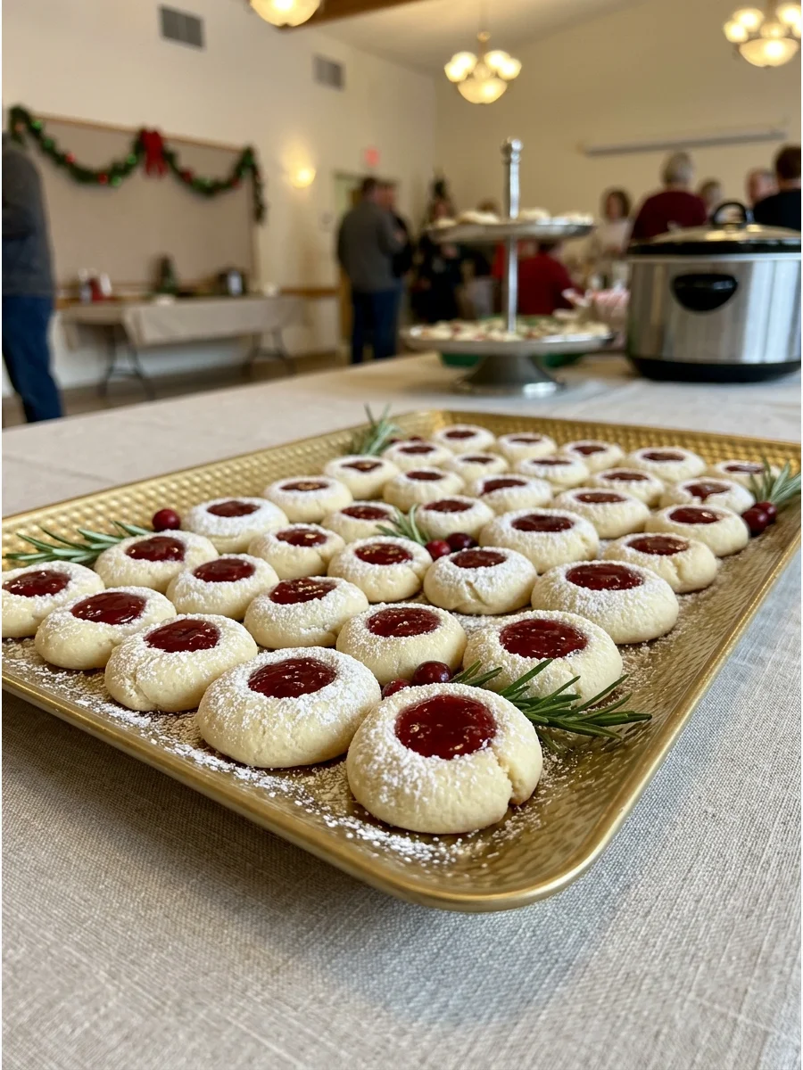 Gold tray with shortbread cookies filled with red raspberry jam.
