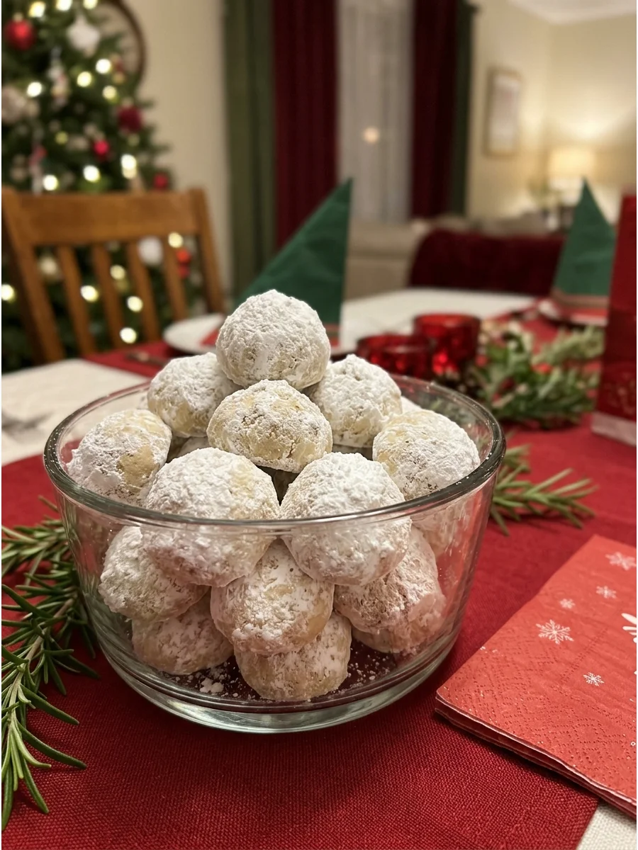 A glass bowl filled with round white snowball cookies.