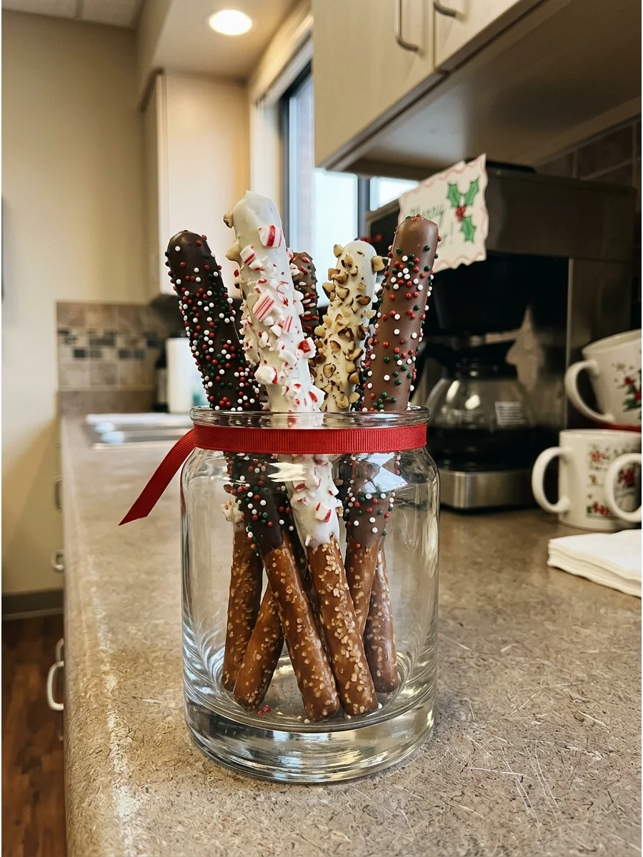Glass jar holding chocolate-dipped pretzels with festive sprinkles.