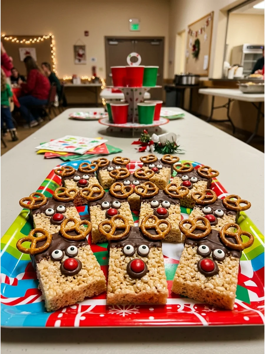 Rice Krispie treats decorated to look like reindeer with pretzel antlers.