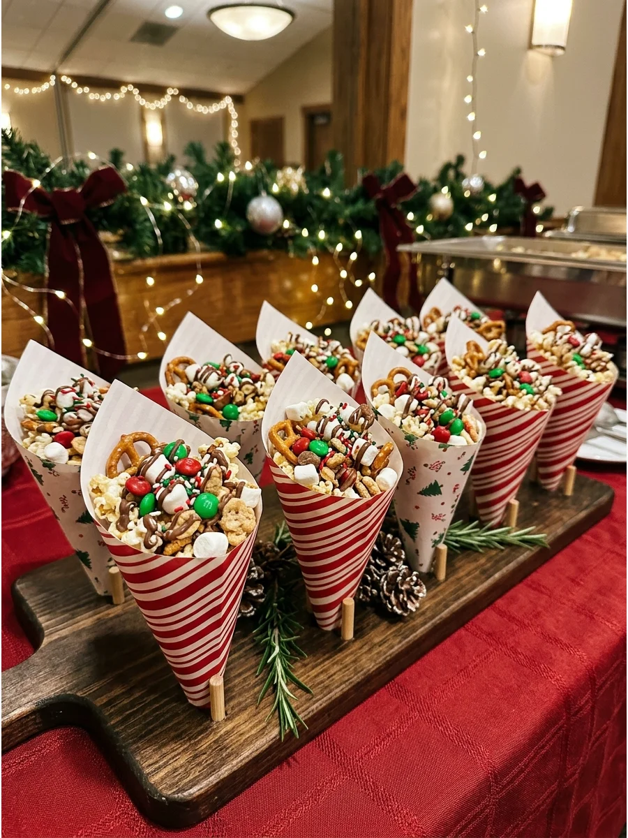 Festive popcorn mix served in red and white striped paper cones.