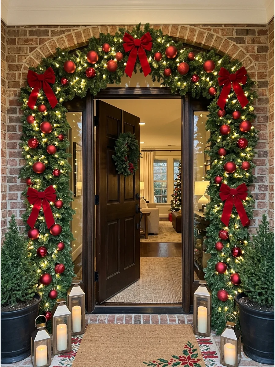 A front door framed by a thick green evergreen arch with red bows and lights.