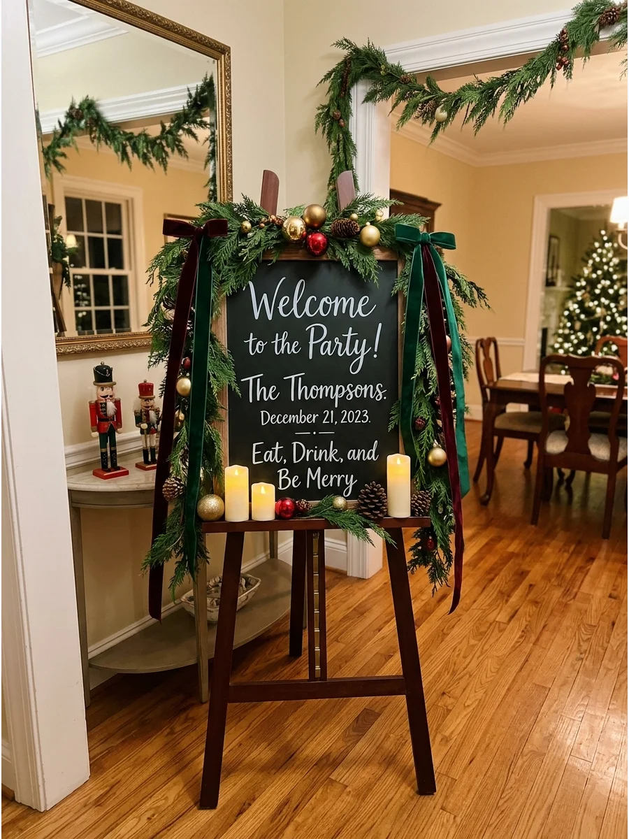 A personalized chalkboard welcome sign decorated with a pine branch and bow.