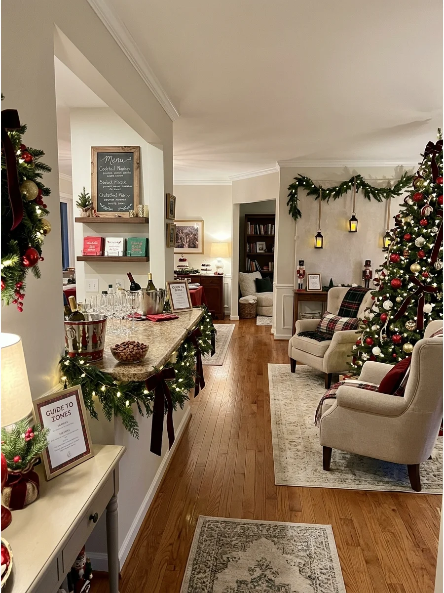 A multi-zone home party setup with different activity areas.