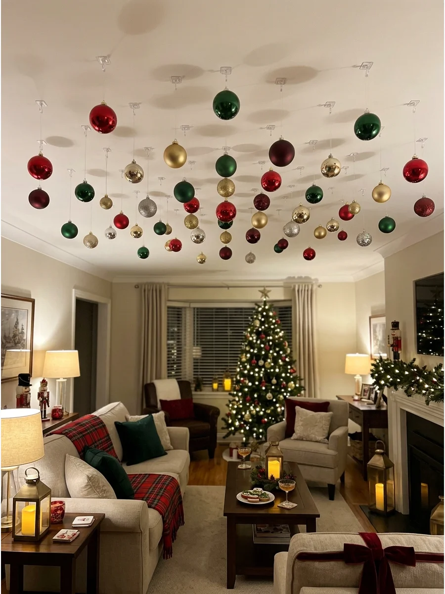 Red ornaments hanging from a ceiling at different heights in a living room.