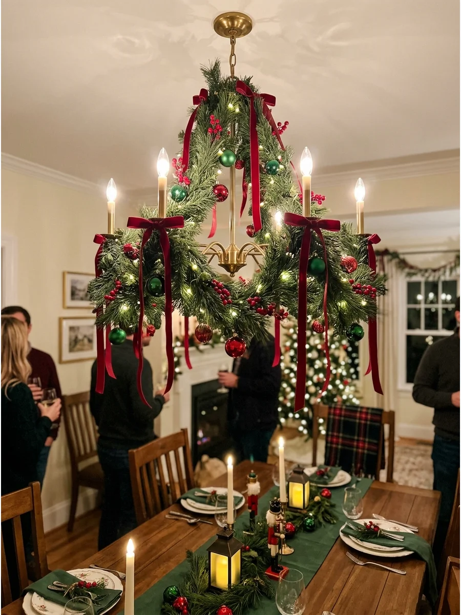 A dining room chandelier decorated with evergreen garland and red ribbons.