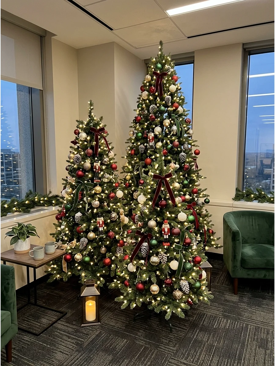 A group of three lit Christmas trees in different sizes standing in a corner.