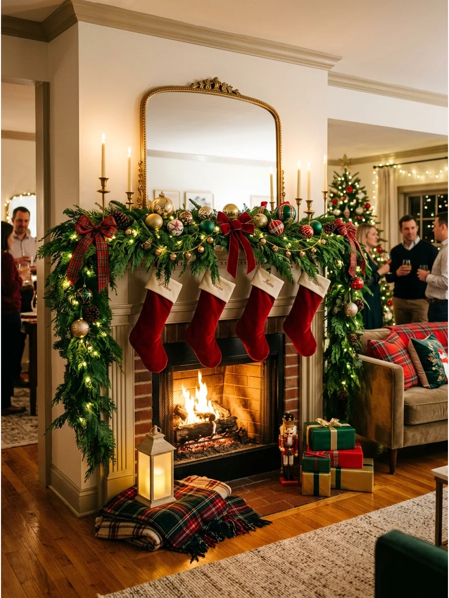 A decorated fireplace mantel with green garland, stockings, and gold candles.