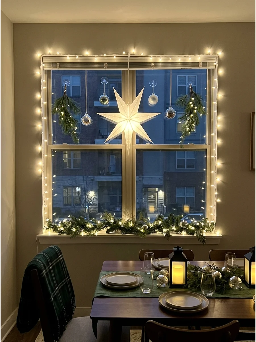 A window framed with white fairy lights and a large paper star decoration.