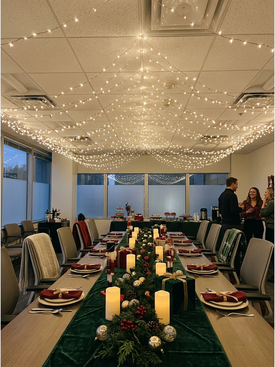 A canopy of warm white twinkle lights draped across a ceiling.