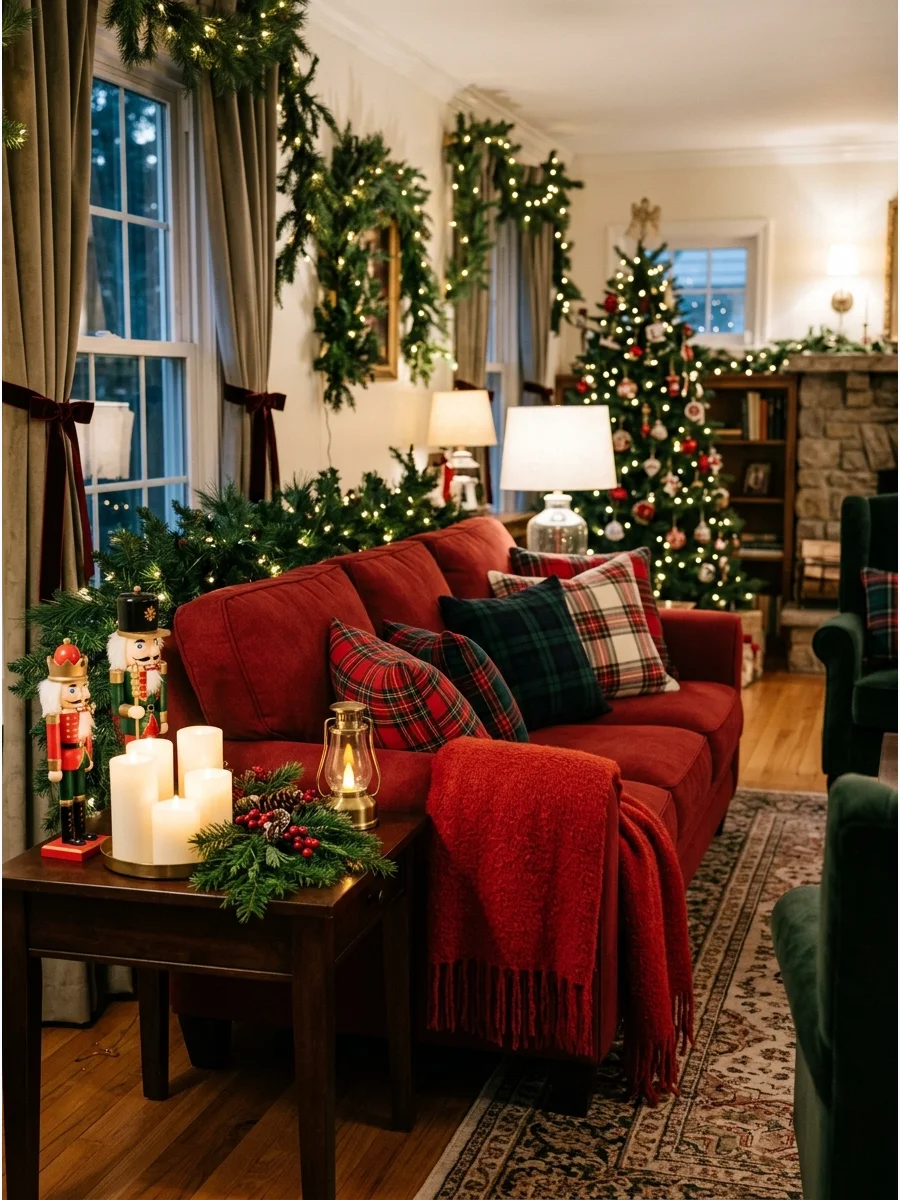 A sofa decorated with tartan plaid pillows and blankets for a Christmas party.