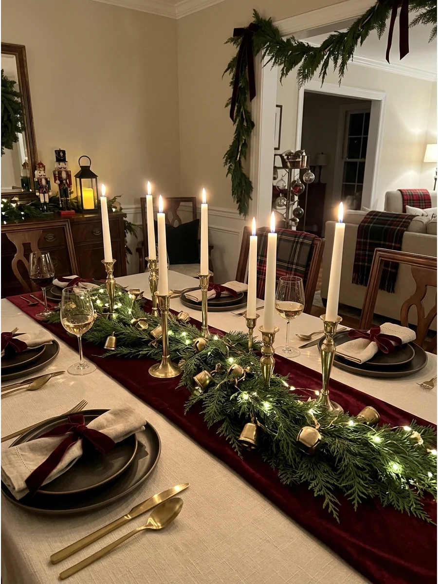 A dining table with a red velvet runner and brass decorations.