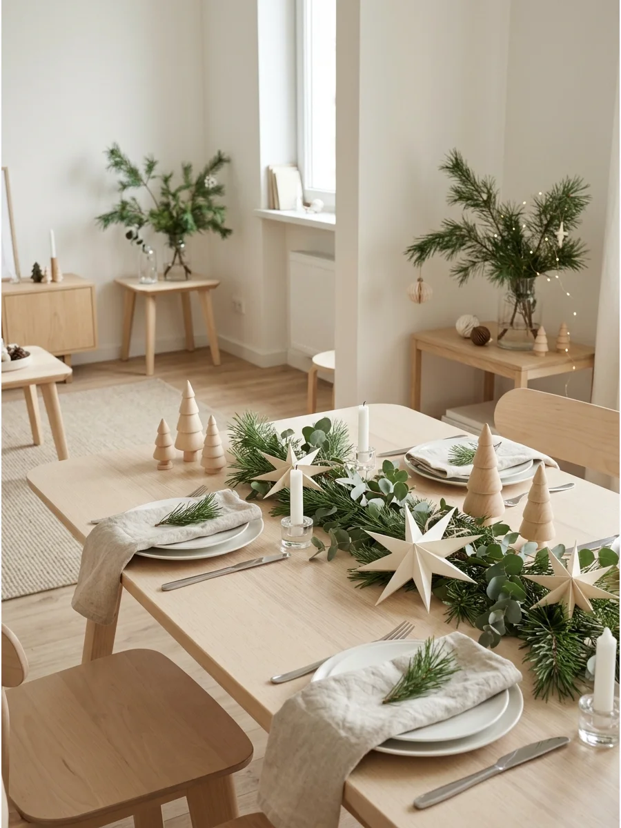A Scandinavian style Christmas room with white decor and natural wood accents.