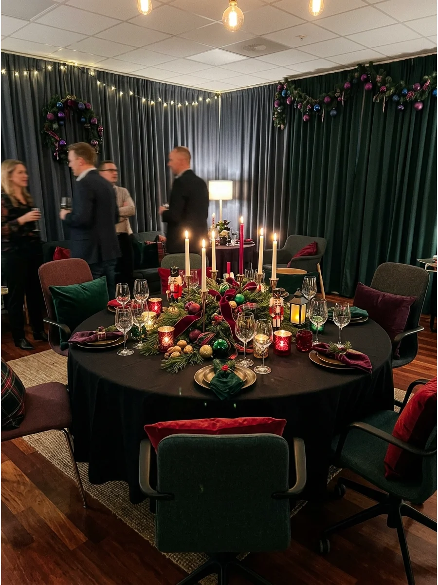 A room decorated for a party with emerald green and sapphire blue holiday decor.