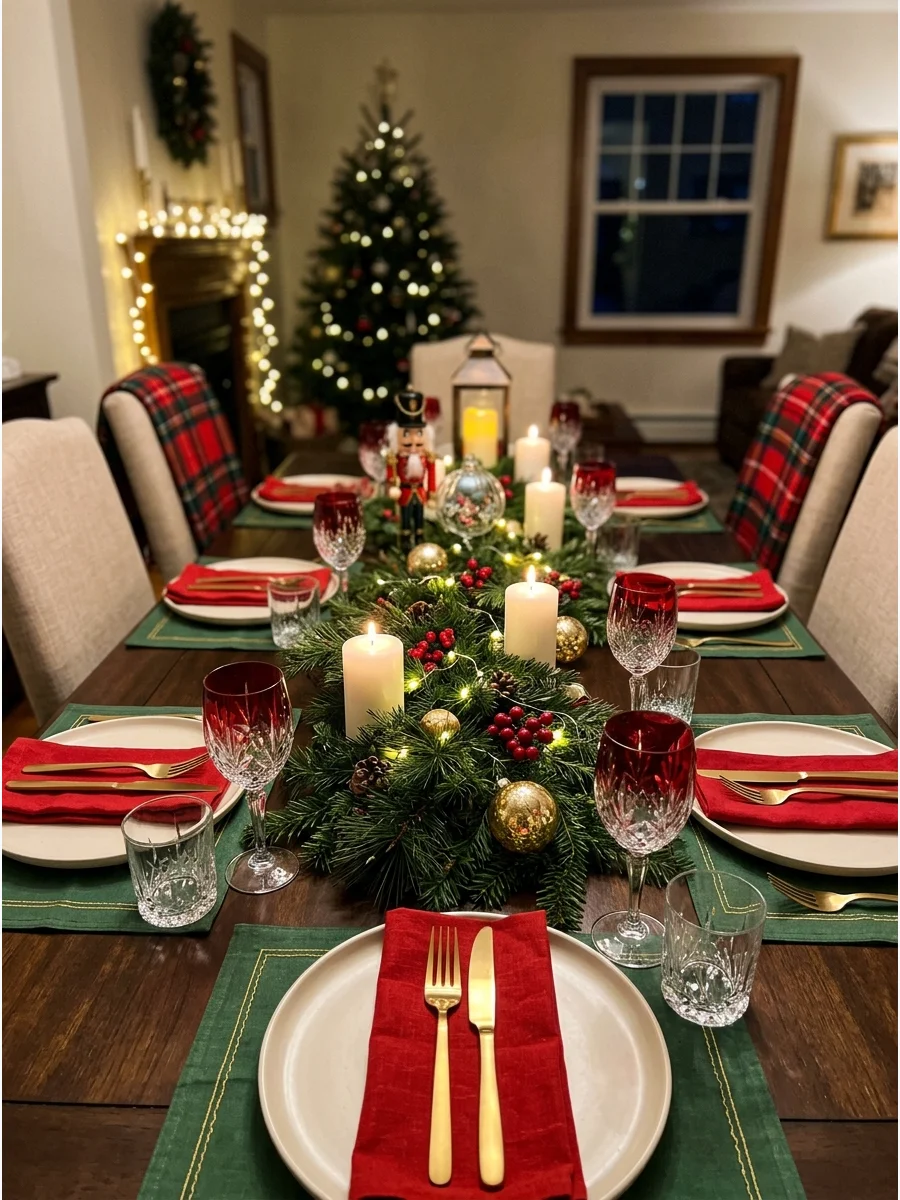 A traditional Christmas table setup with greenery, red napkins, and gold silverware.