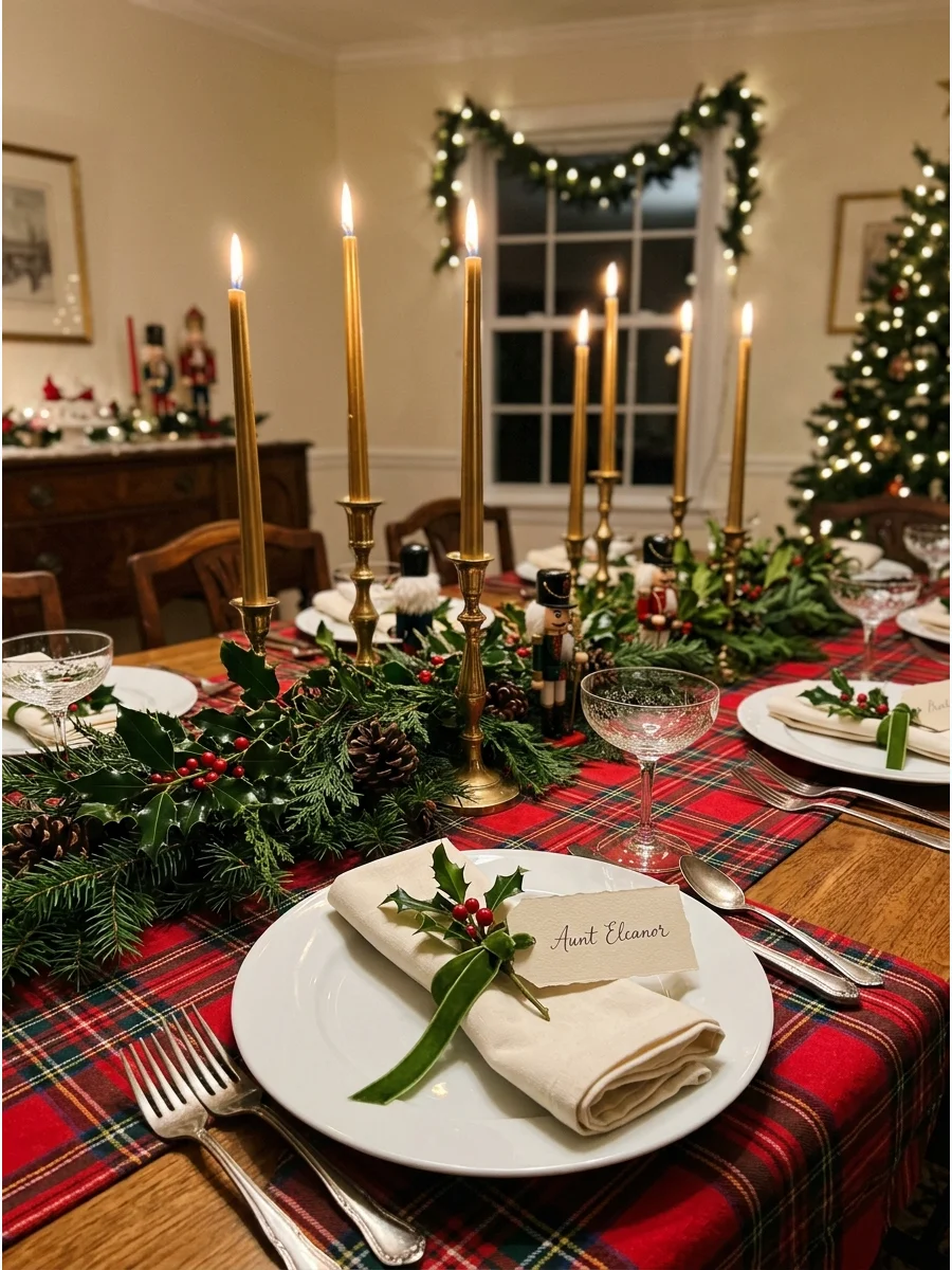 A cozy Christmas table with a plaid tablecloth and brass candle holders.