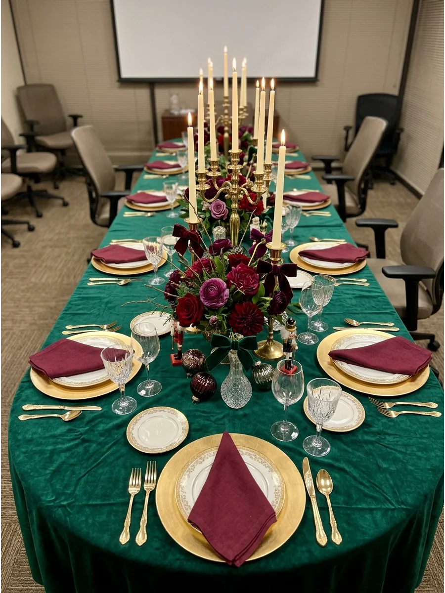 An elegant jewel-tone Christmas table with emerald velvet and gold accents.