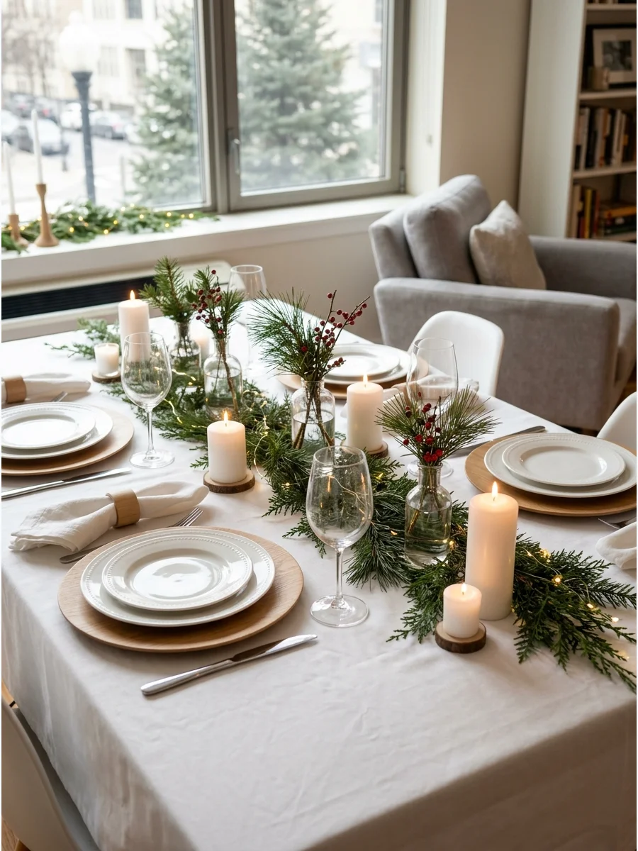 A minimalist Scandinavian Christmas table with white plates and wood accents.