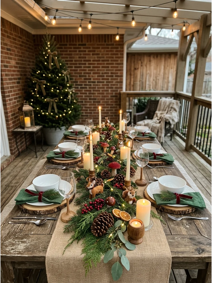 A woodland-themed Christmas table with pinecones and wood slice chargers.