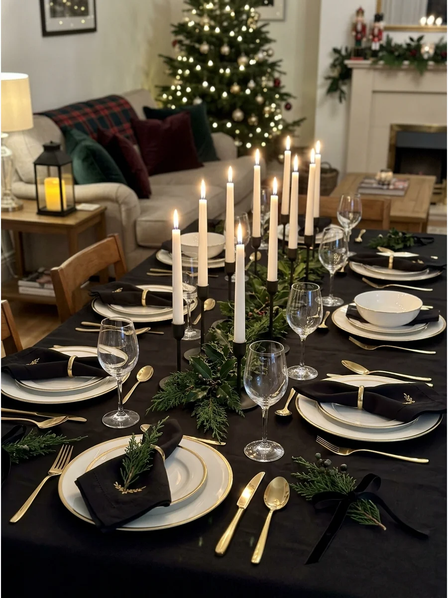 A formal black and white Christmas table with gold accents and many candles.
