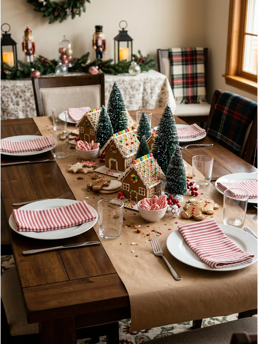 A fun gingerbread-themed Christmas table with miniature houses and striped ribbons.