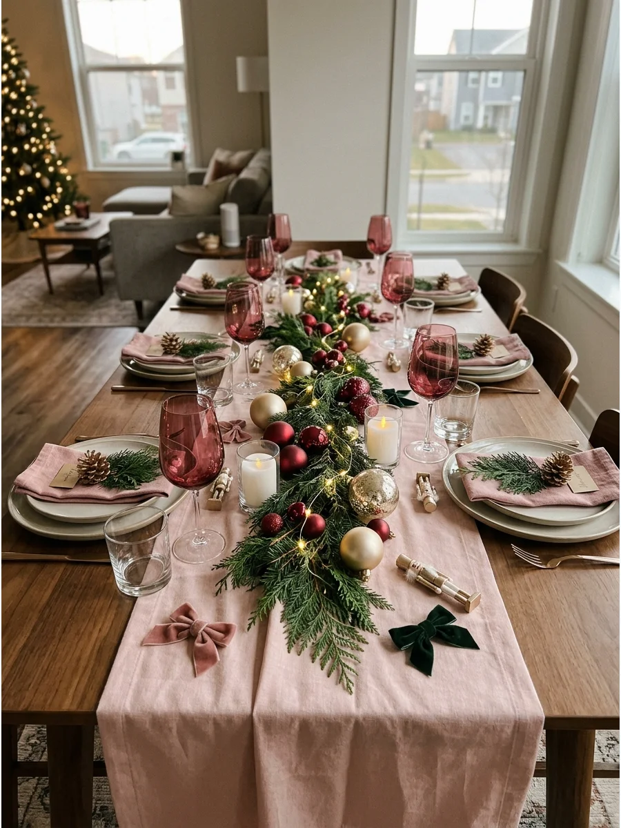 A modern pink and cranberry Christmas table with gold ornaments.