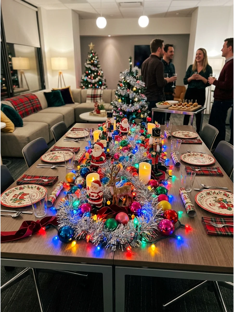 A nostalgic retro Christmas table with silver tinsel and colorful ornaments.