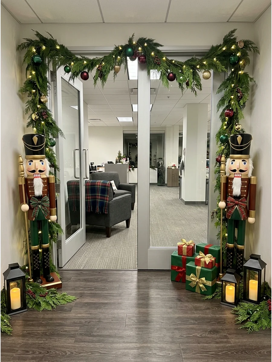 Two tall nutcrackers flanking an office entrance with lanterns and greenery.