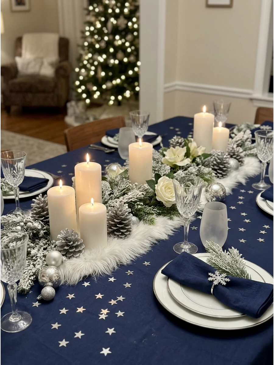 A winter wonderland Christmas table with navy blue and silver decor.