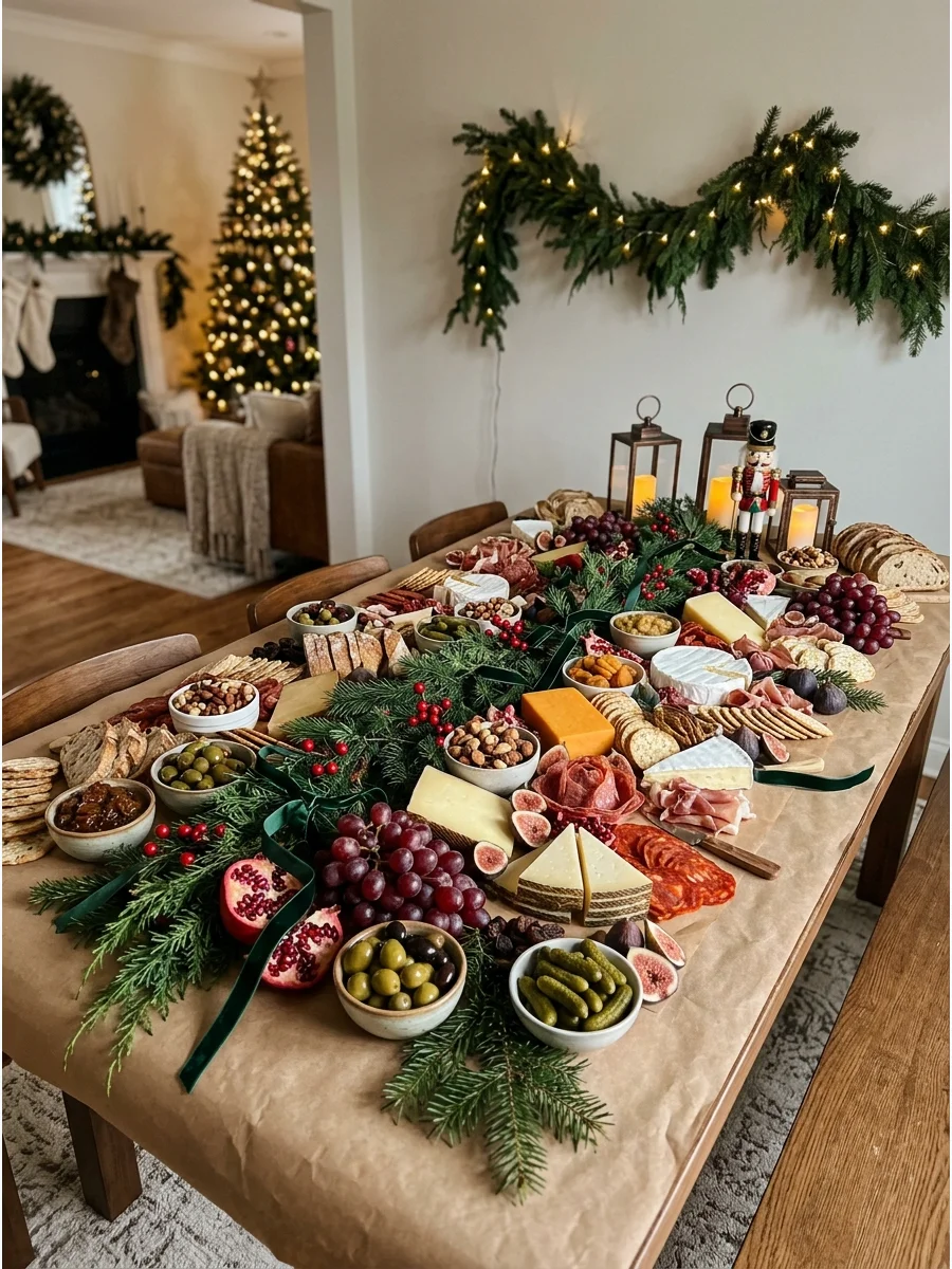 A large Christmas grazing table with various appetizers and greenery.