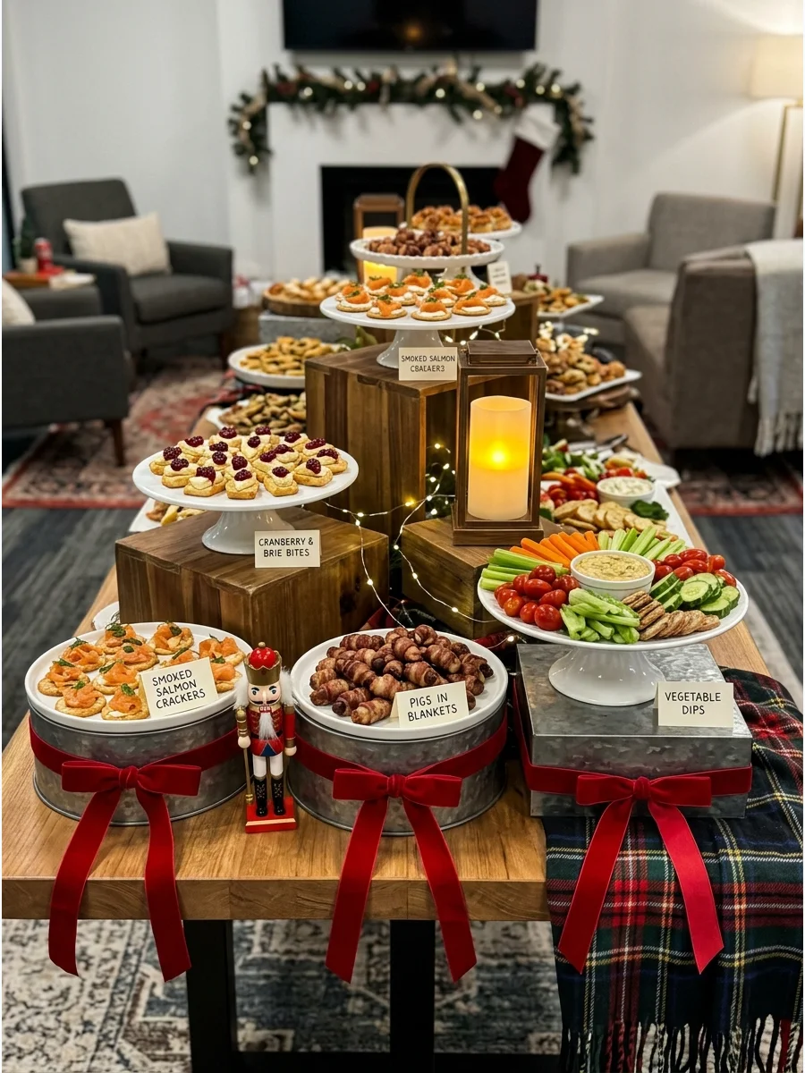 A tiered appetizer display with different heights of serving platters.