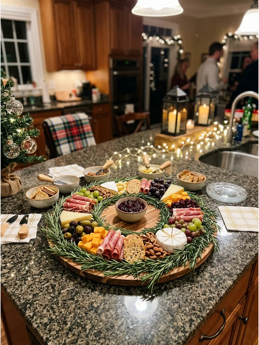 A round charcuterie board arranged in the shape of a Christmas wreath.